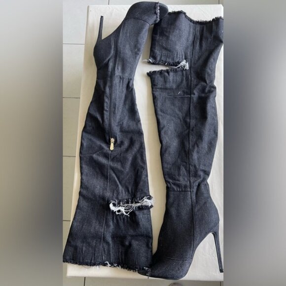 Lilliana Knee High Boots 8.5 Black Denim Over The Knee Distress Cutout - Picture 2 of 6